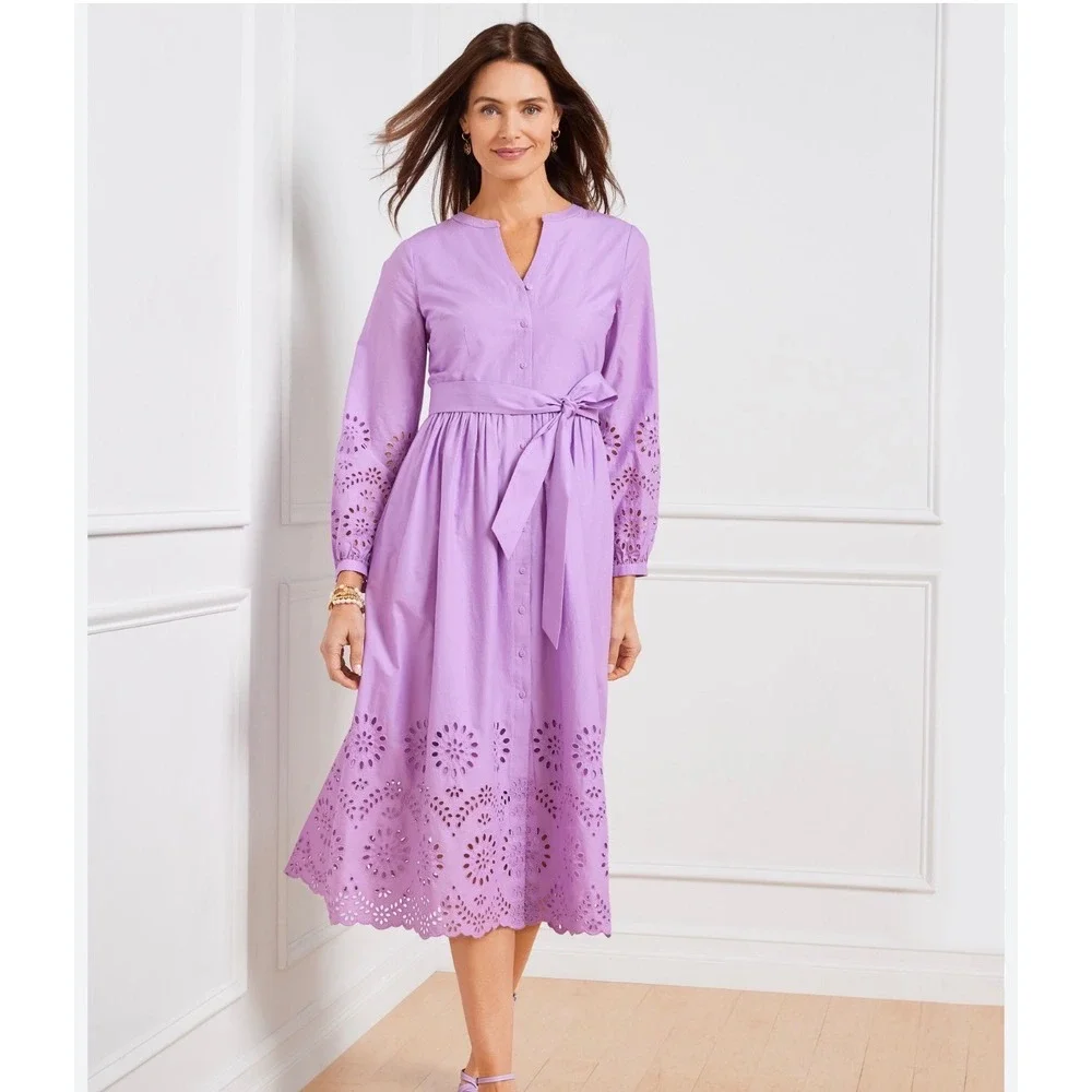 Talbots Purple Cotton Eyelet Midi Shirtdress Lavender boho quiet luxury 14 - Picture 1 of 12